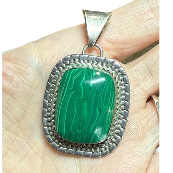 Vtg Green Malachite Stone 925 Sterling Silver Pendant Mexico ATI 2" Rectangle - Picture 2 of 8
